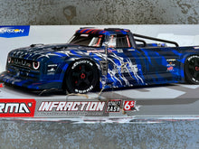 Load image into Gallery viewer, 1/7 INFRACTION 6S BLX All-Road Truck RTR, Blue With Handbrake by Arrma **Damage to the POS Carton**
