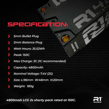 Load image into Gallery viewer, R1 Wurks 4800mAh 150c 7.4v 2S LCG Shorty Lipo Battery 96x48x20mm 180g 5mm Bullet