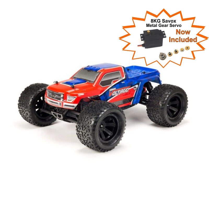 Granite Voltage 2WD Mega 1/10 MT RTR Red/Blue Includes Metal Gear Savox Servo NiMh Battery & Charger by ARRMA
