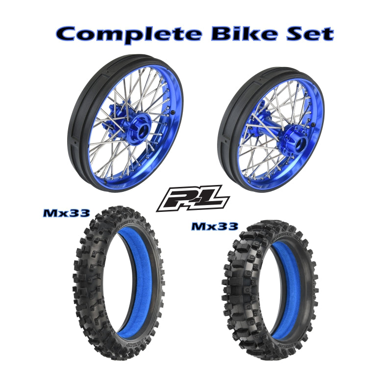 1/4 Pro-Spec Aluminum V2 Bead Complete Bike F/R Wheel/MX33 Tire Combo Set Unmounted, Blue: Promoto-MX by Proline