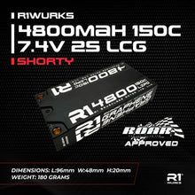 Load image into Gallery viewer, R1 Wurks 4800mAh 150c 7.4v 2S LCG Shorty Lipo Battery 96x48x20mm 180g 5mm Bullet
