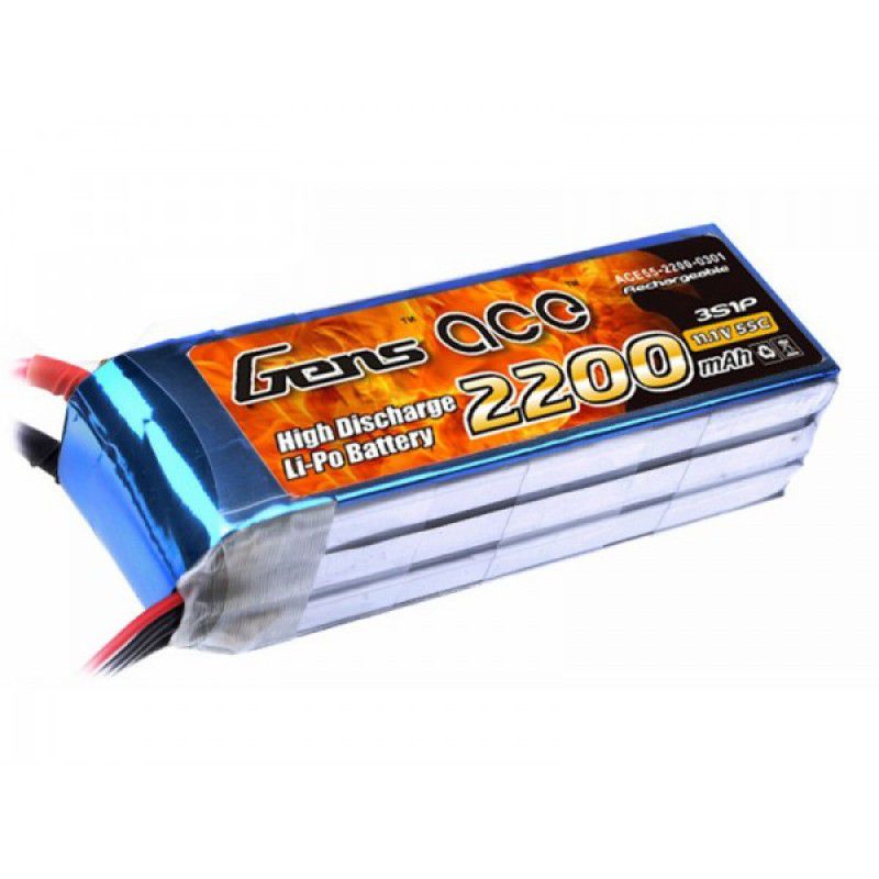 Gens-Ace 2200mAh, 11.1V, 3S1P, 55C 110x33x22mm 177g w/EC3 Plug