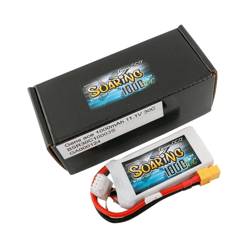 Gens Ace 1000mAh 3S 11.1v 30C 72x35x17mm 89g XT 60 Plug XH Balance Soaring Series